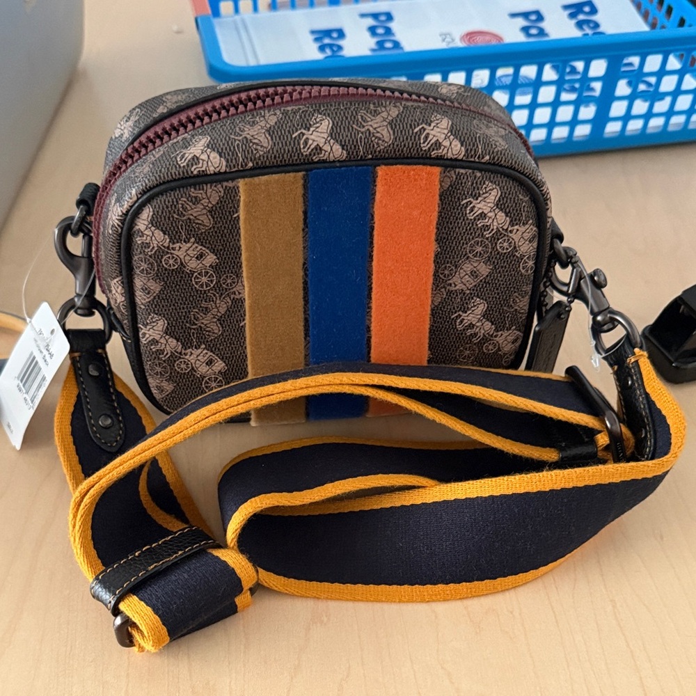 Coach Brown black Crossbody Camera Bag with Blue and Orange Stripes